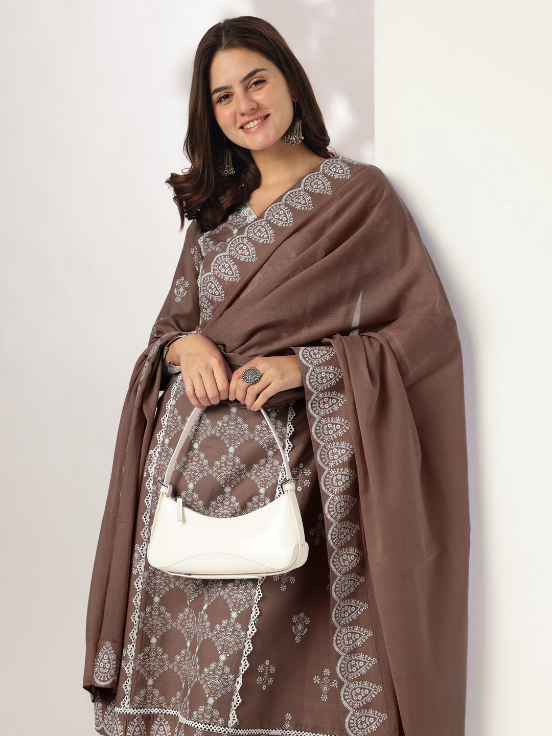 Janasya Women's Brown Pure Cotton Ethnic Motifs Printed A-line Kurta Set