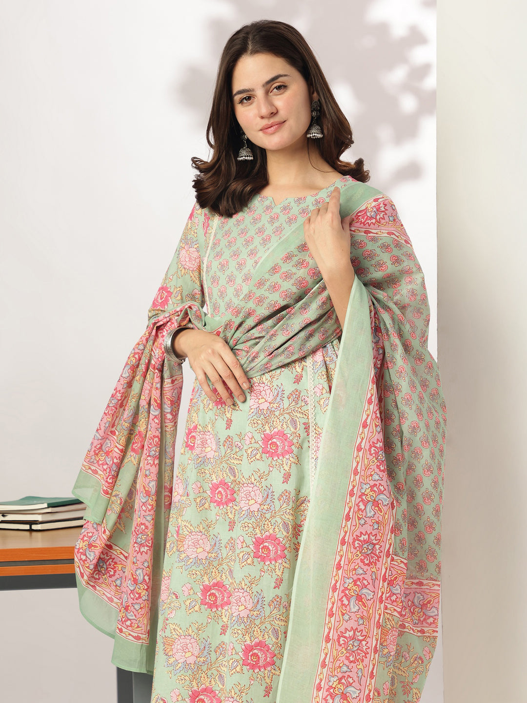 Aqua Pure Cotton Floral Printed A-line Kurta Set