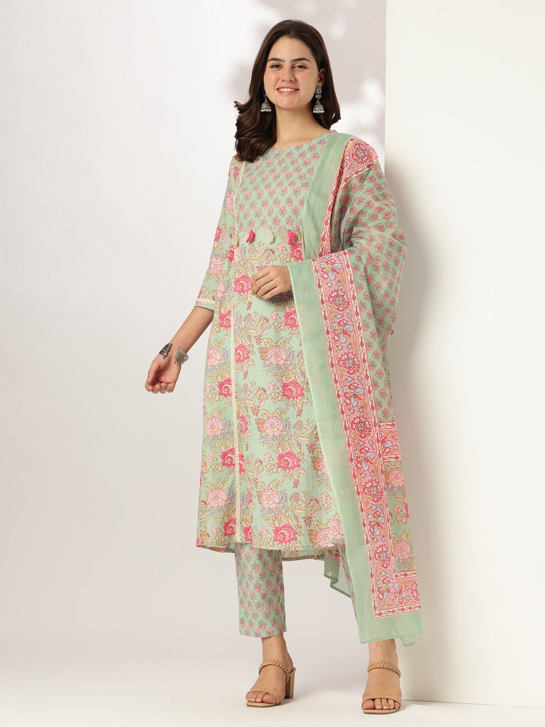 Aqua Pure Cotton Floral Printed A-line Kurta Set