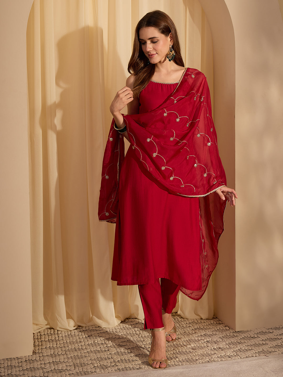Janasya Women's Maroon Silk Blend Embellished Straight Kurta Set with Embroidered Dupatta