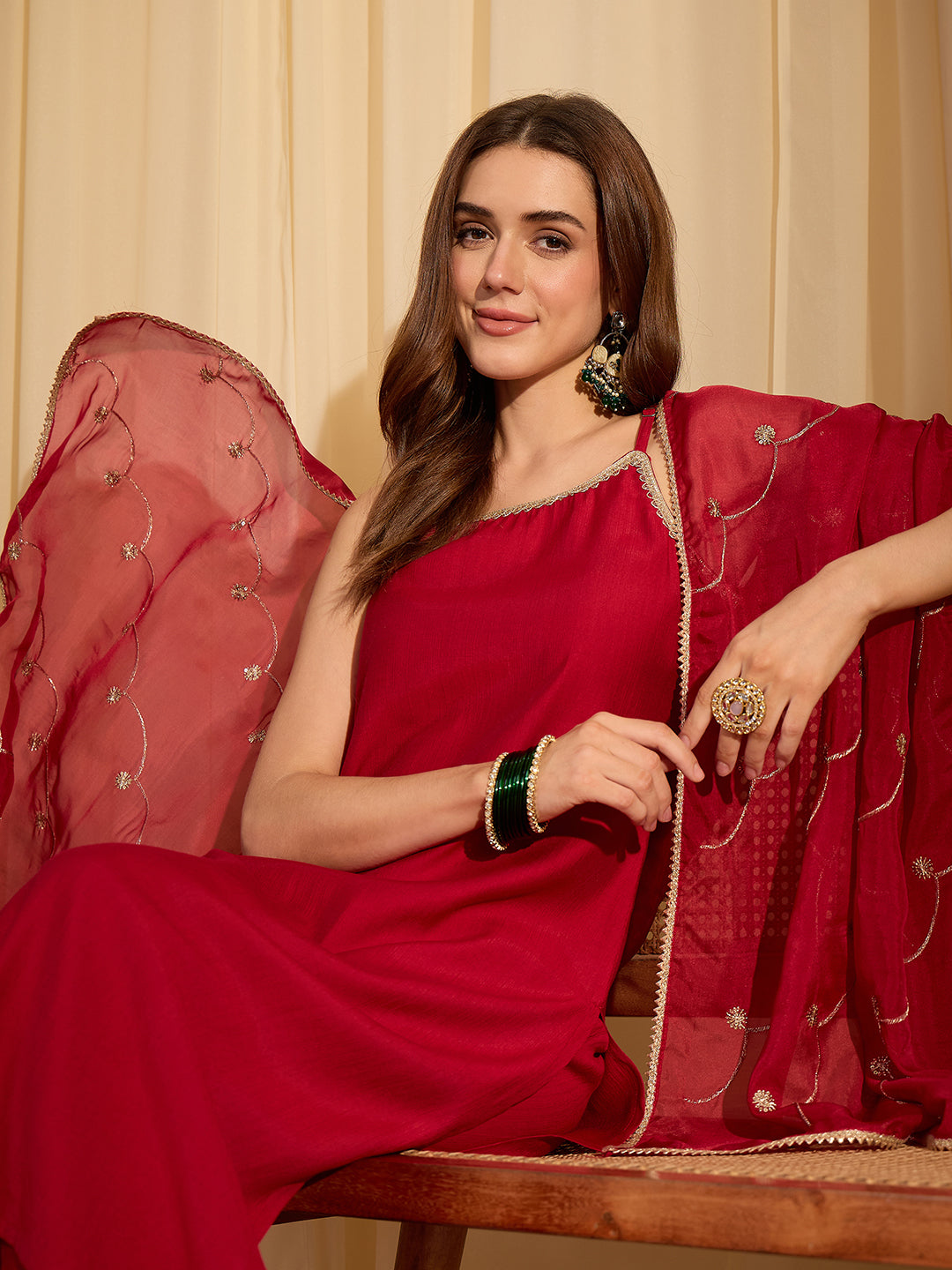 Janasya Women's Maroon Silk Blend Embellished Straight Kurta Set with Embroidered Dupatta