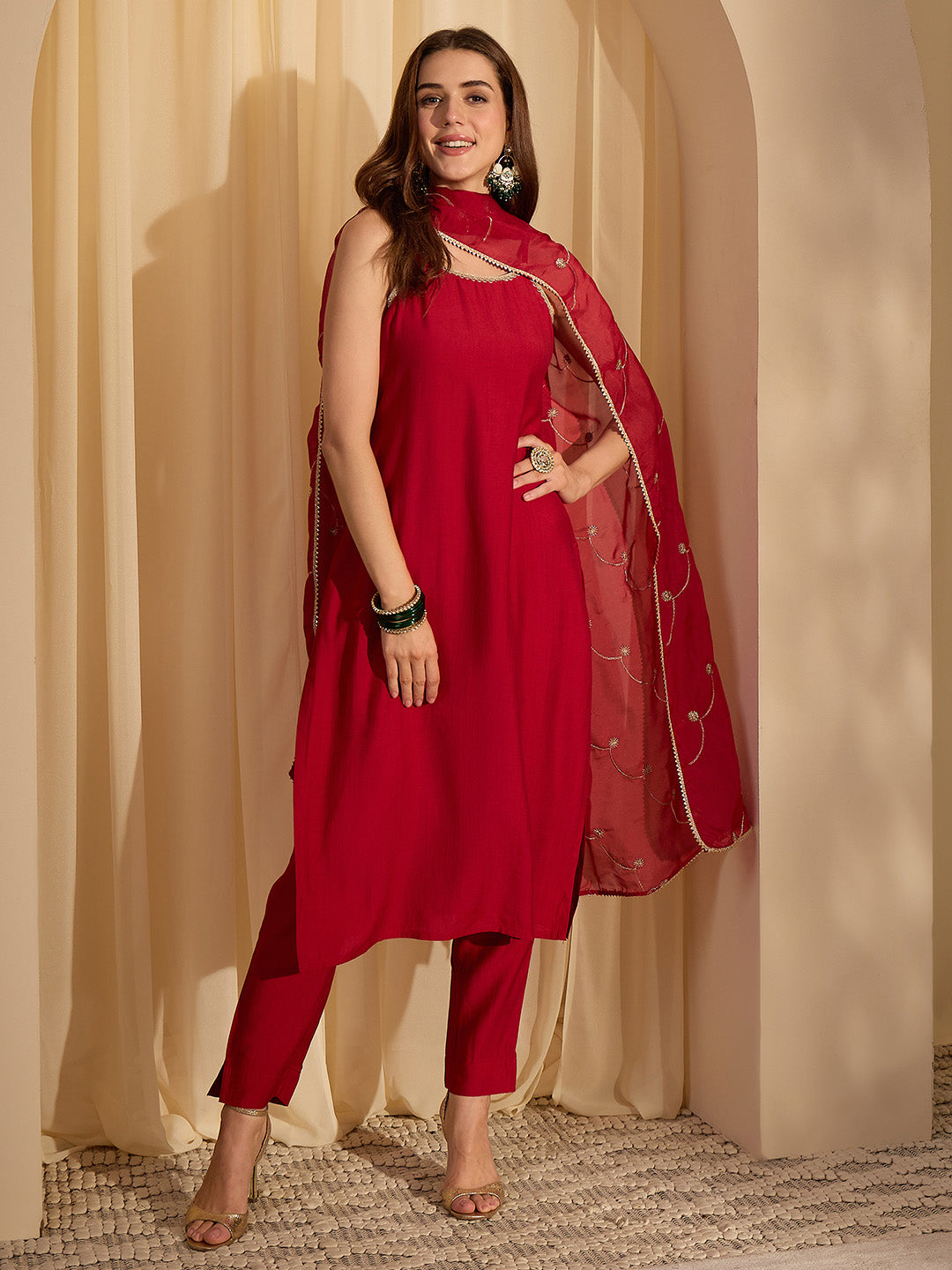 Janasya Women's Maroon Silk Blend Embellished Straight Kurta Set with Embroidered Dupatta