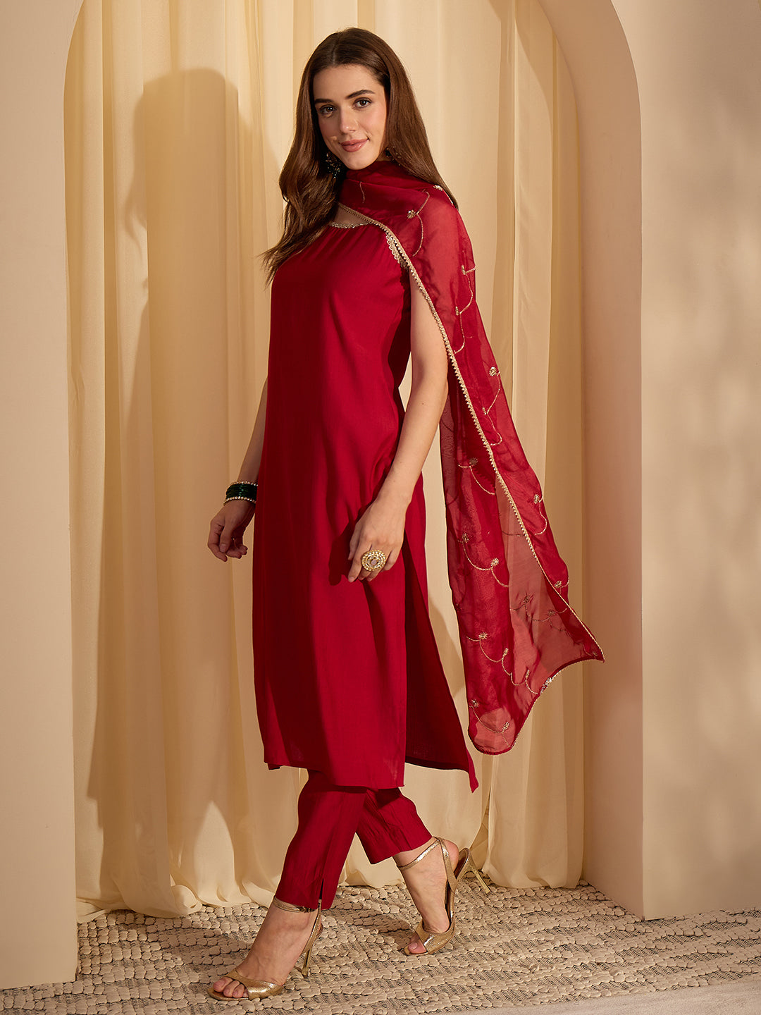Janasya Women's Maroon Silk Blend Embellished Straight Kurta Set with Embroidered Dupatta