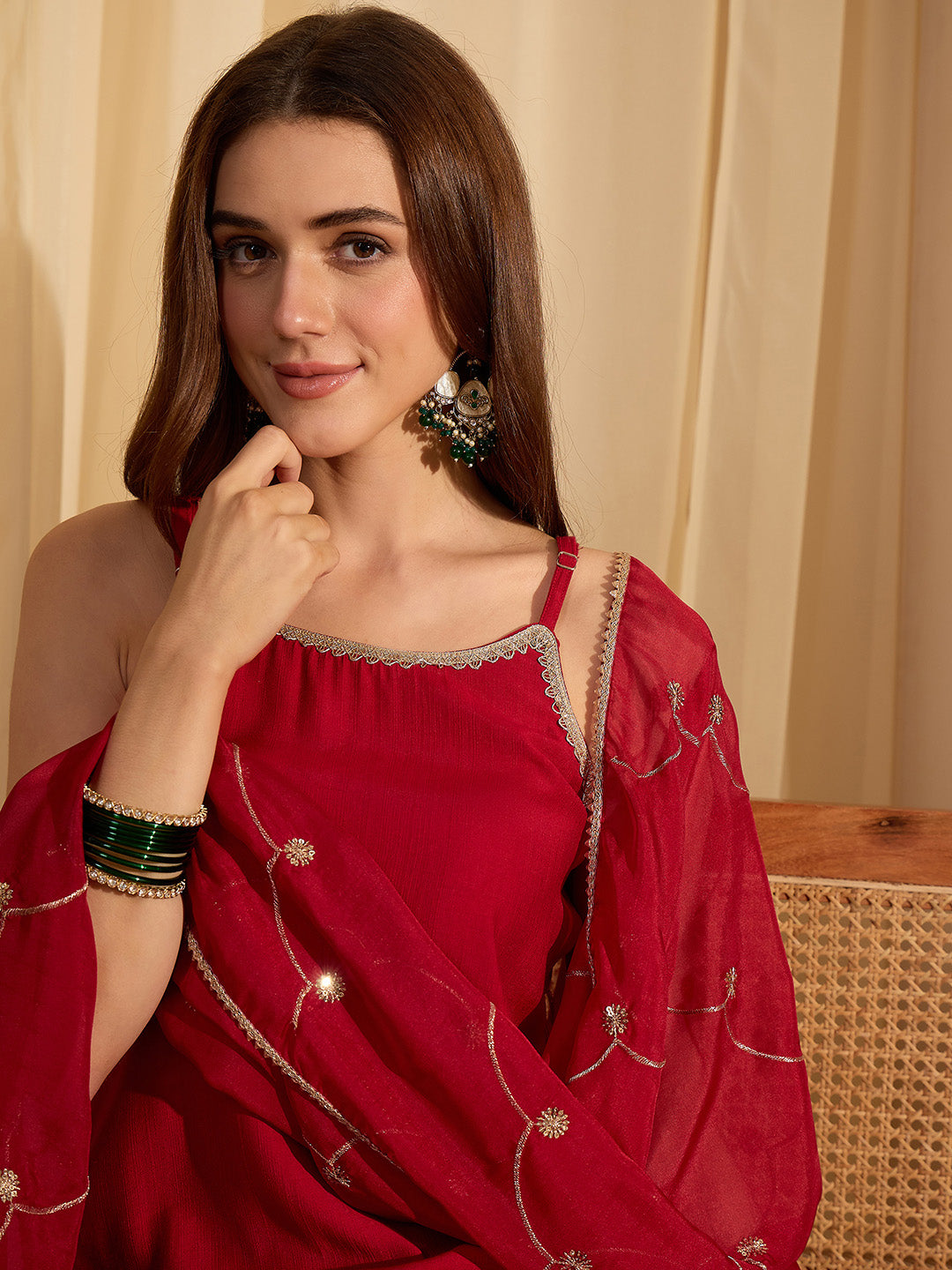 Janasya Women's Maroon Silk Blend Embellished Straight Kurta Set with Embroidered Dupatta