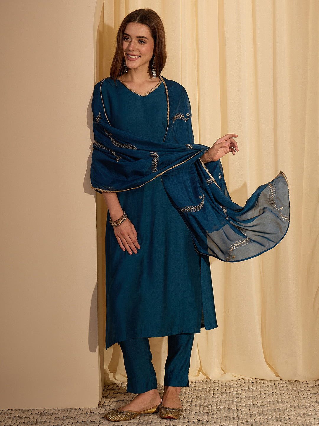 Janasya Women's Teal Blue Silk Blend Solid Straight Kurta Set with Embroidered Dupatta