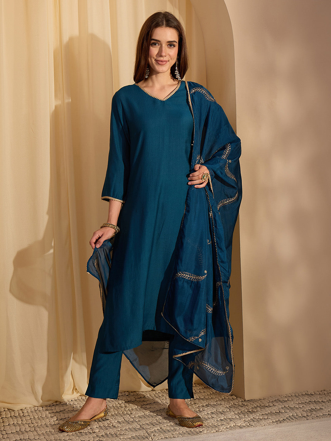 Janasya Women's Teal Blue Silk Blend Solid Straight Kurta Set with Embroidered Dupatta