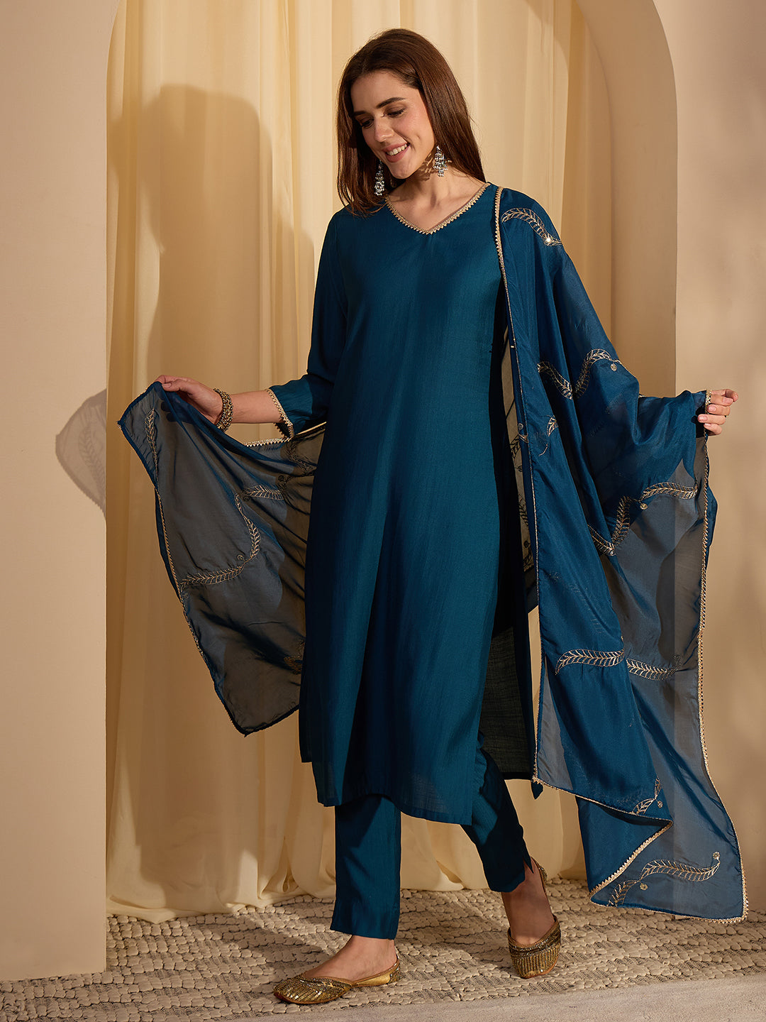 Janasya Women's Teal Blue Silk Blend Solid Straight Kurta Set with Embroidered Dupatta