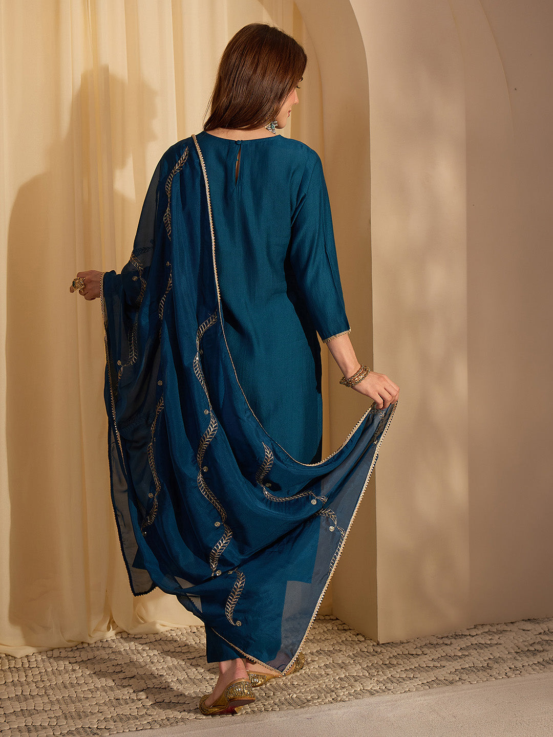 Janasya Women's Teal Blue Silk Blend Solid Straight Kurta Set with Embroidered Dupatta