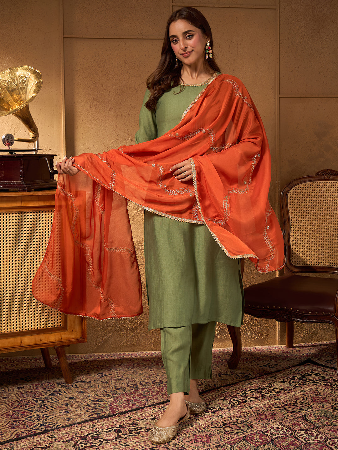 Janasya Women's Sage Green Silk Blend Solid Straight Kurta Set with Embroidered Dupatta
