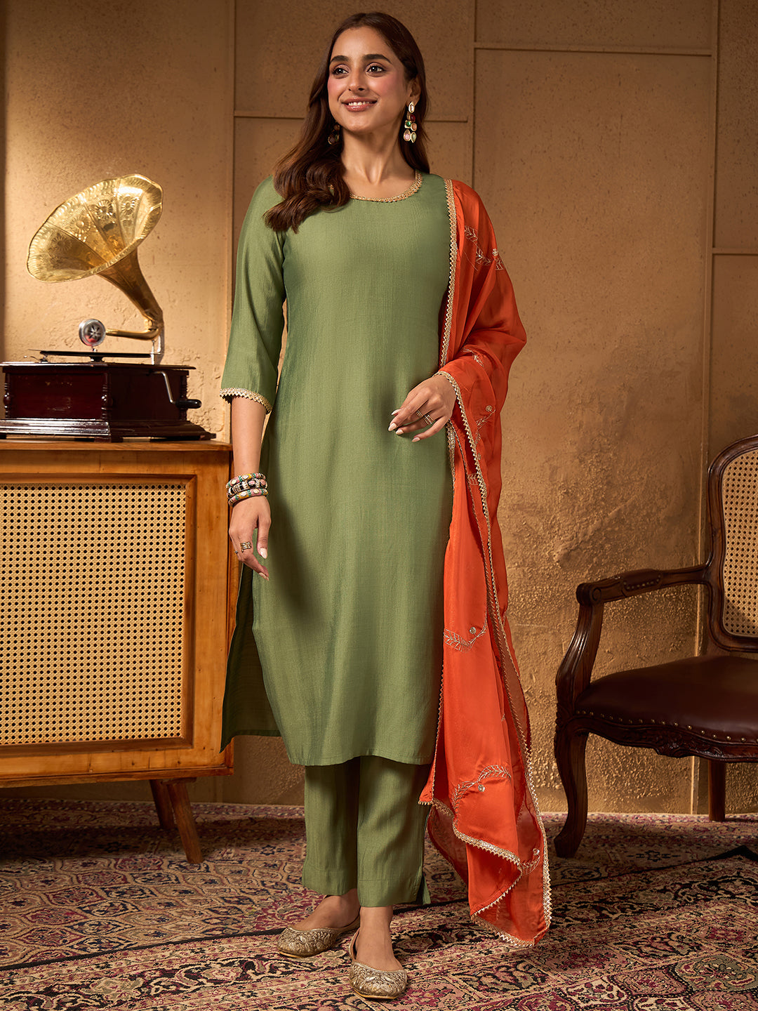 Janasya Women's Sage Green Silk Blend Solid Straight Kurta Set with Embroidered Dupatta