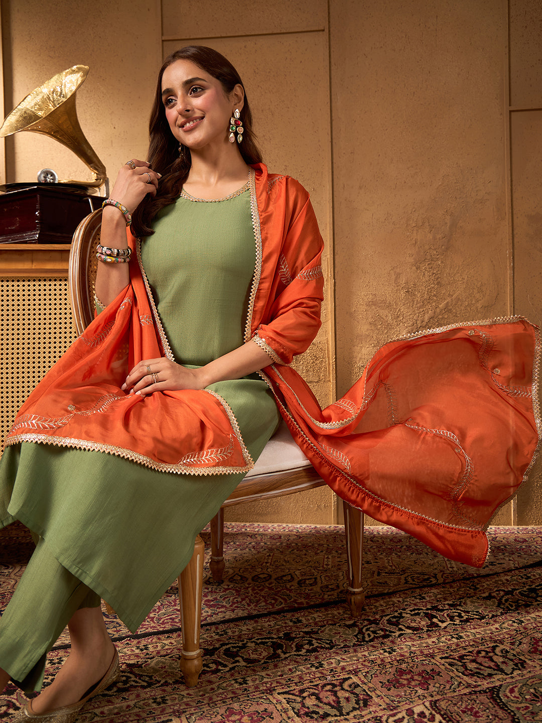Janasya Women's Sage Green Silk Blend Solid Straight Kurta Set with Embroidered Dupatta