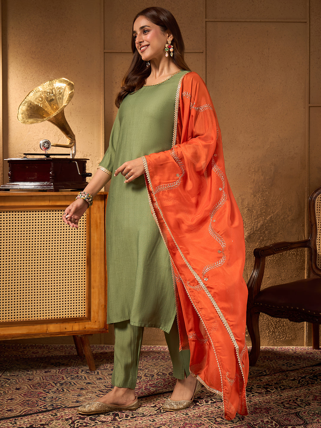 Janasya Women's Sage Green Silk Blend Solid Straight Kurta Set with Embroidered Dupatta
