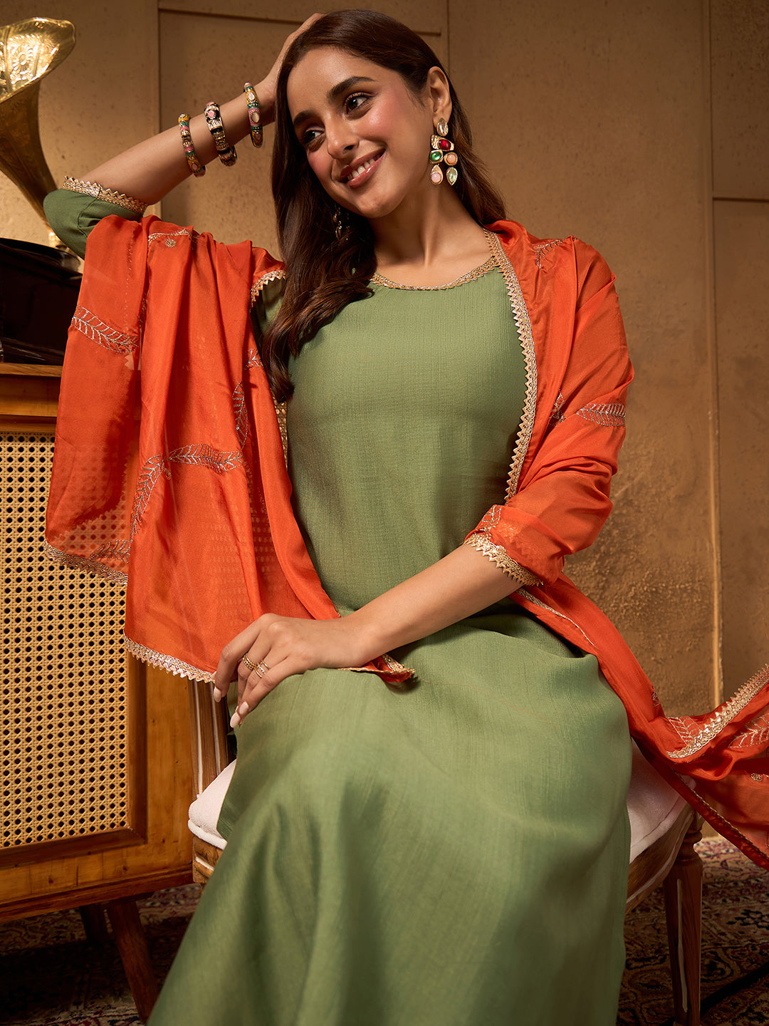 Janasya Women's Sage Green Silk Blend Solid Straight Kurta Set with Embroidered Dupatta