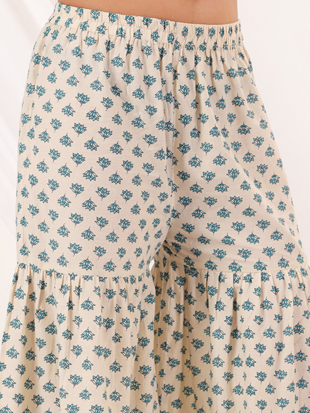 Janasya Women's Cream Pure Cotton Floral Printed Yoke Design Straight Kurta With Sharara & Dupatta Set