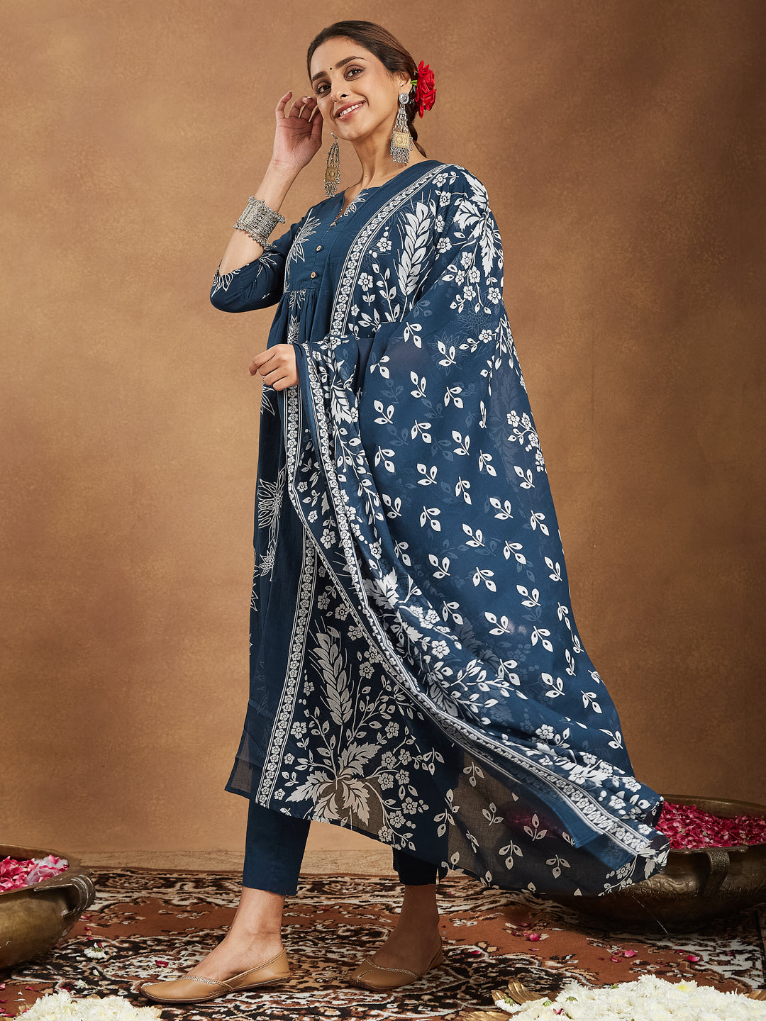 Janasya Women's Teal Blue Pure Cotton Floral Printed A-line Kurta Set