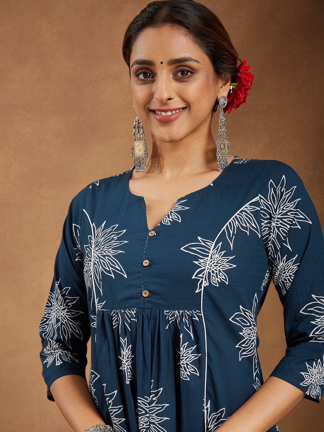 Janasya Women's Teal Blue Pure Cotton Floral Printed A-line Kurta Set