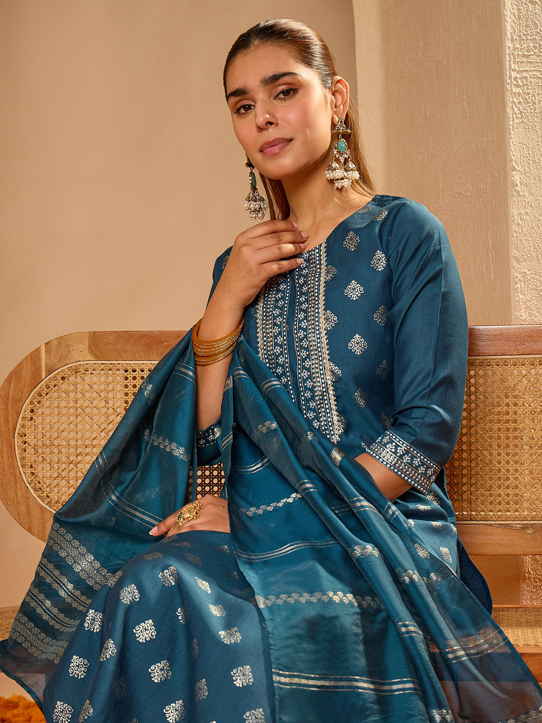 Janasya Women's Teal Blue Silk Blend Floral Foil Printed Straight Kurta Set
