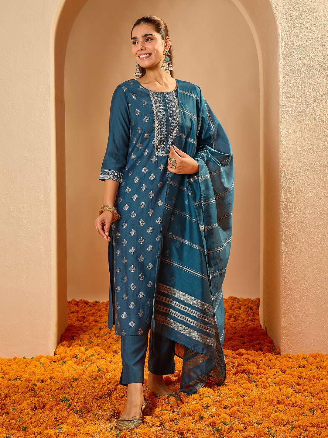 Janasya Women's Teal Blue Silk Blend Floral Foil Printed Straight Kurta Set