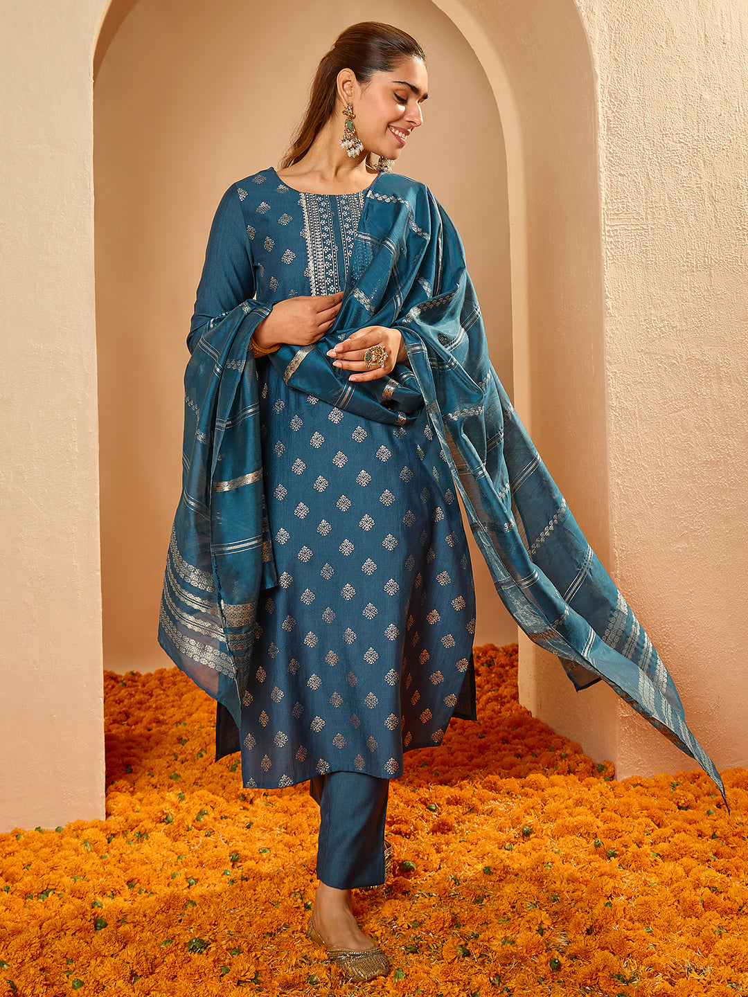 Janasya Women's Teal Blue Silk Blend Floral Foil Printed Straight Kurta Set