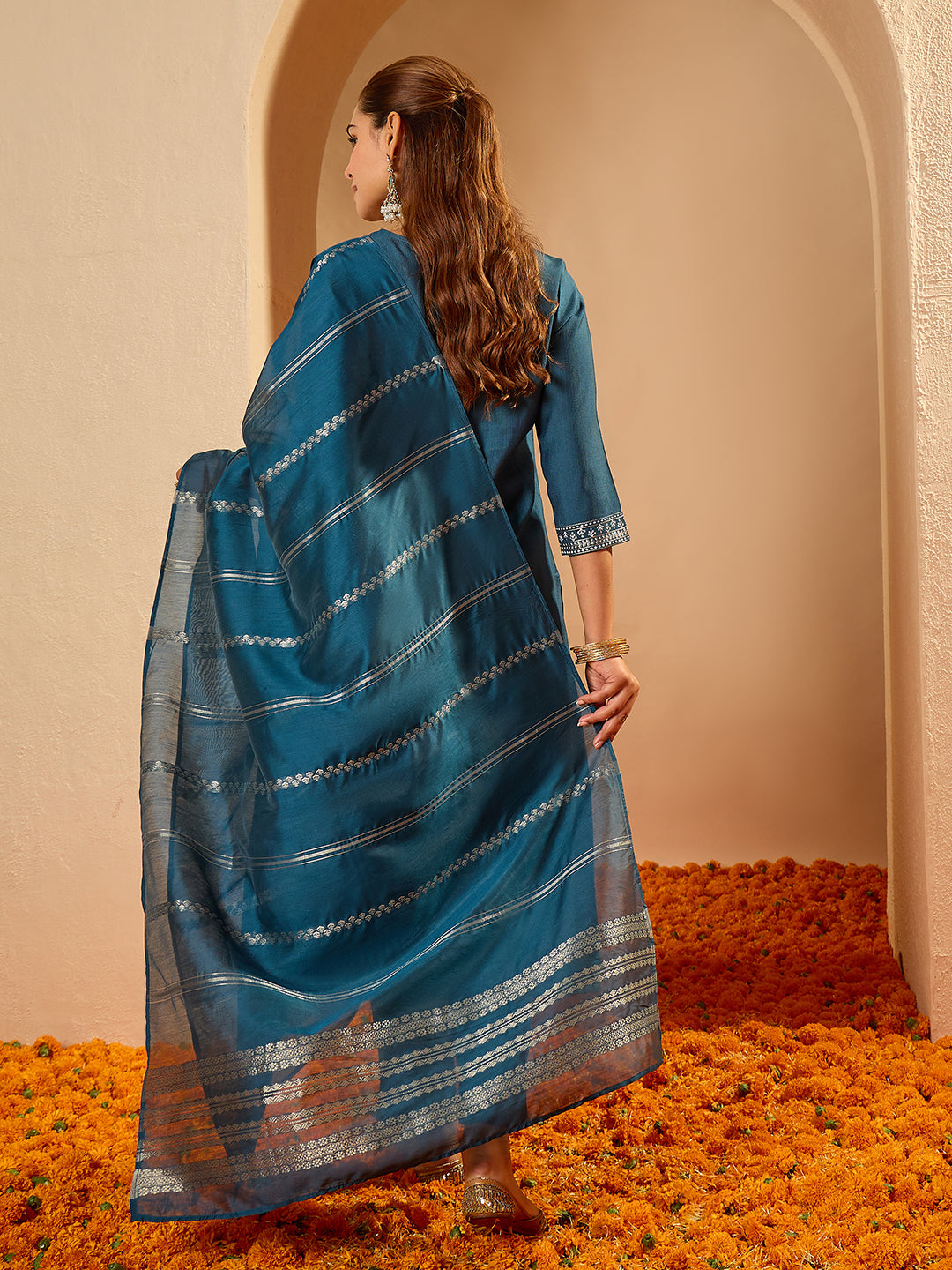 Janasya Women's Teal Blue Silk Blend Floral Foil Printed Straight Kurta Set