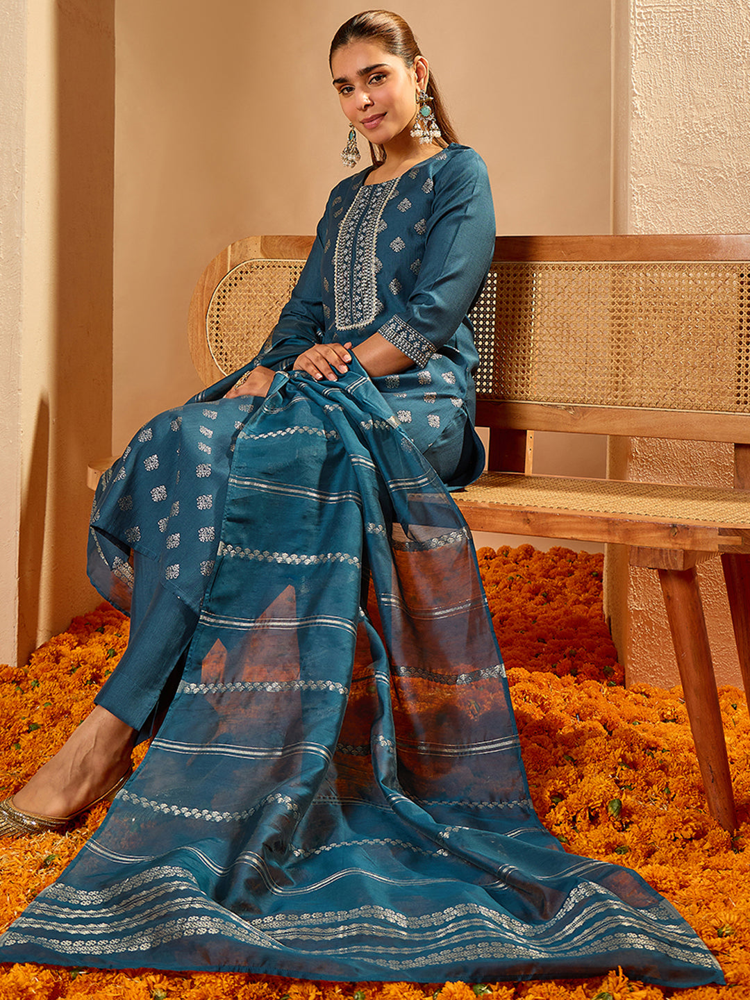 Janasya Women's Teal Blue Silk Blend Floral Foil Printed Straight Kurta Set