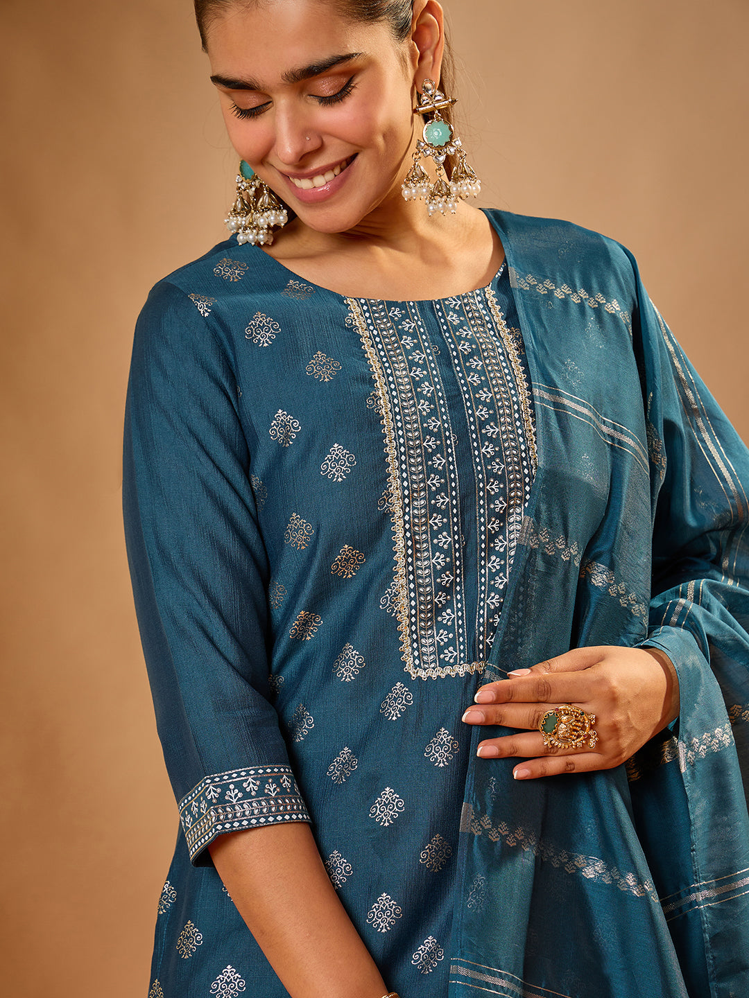 Janasya Women's Teal Blue Silk Blend Floral Foil Printed Straight Kurta Set