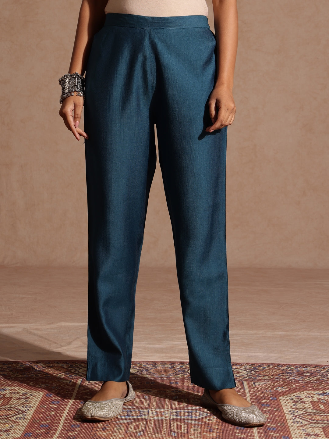 Janasya Women's Teal Blue Silk Blend Embellished Gold Foil Printed Straight Kurta Set