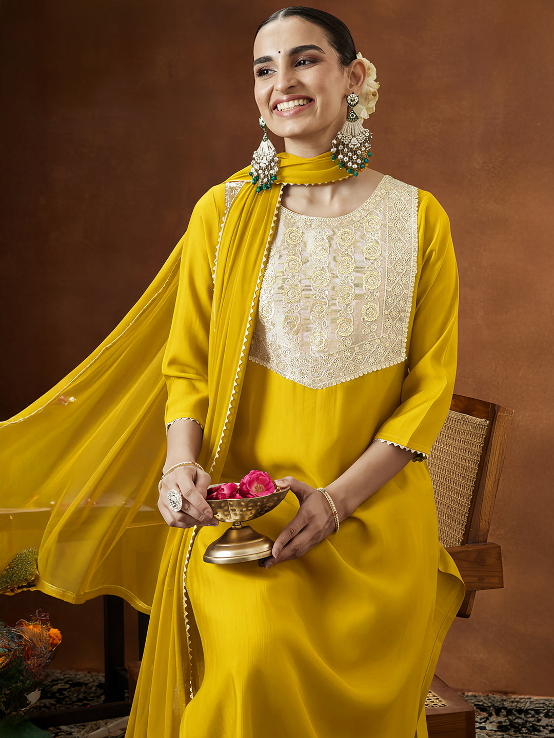 Janasya Women's Mustard Silk Blend Embellished Straight Kurta Set