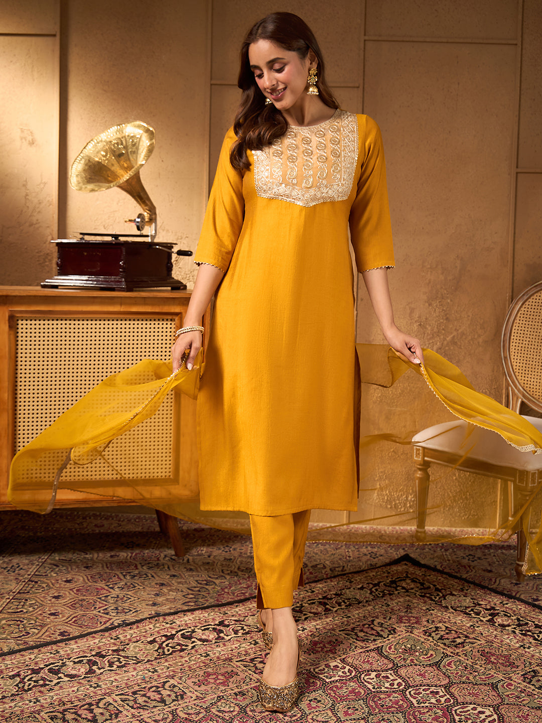 Janasya Women's Mustard Silk Blend Embellished Straight Kurta Set