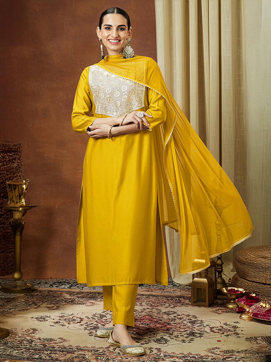 Janasya Women's Mustard Silk Blend Embellished Straight Kurta Set
