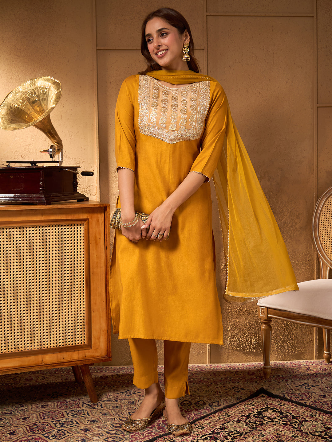 Janasya Women's Mustard Silk Blend Embellished Straight Kurta Set