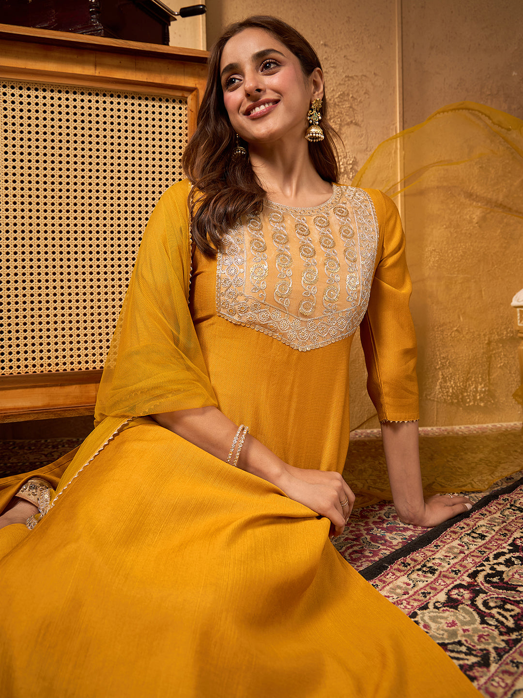 Janasya Women's Mustard Silk Blend Embellished Straight Kurta Set