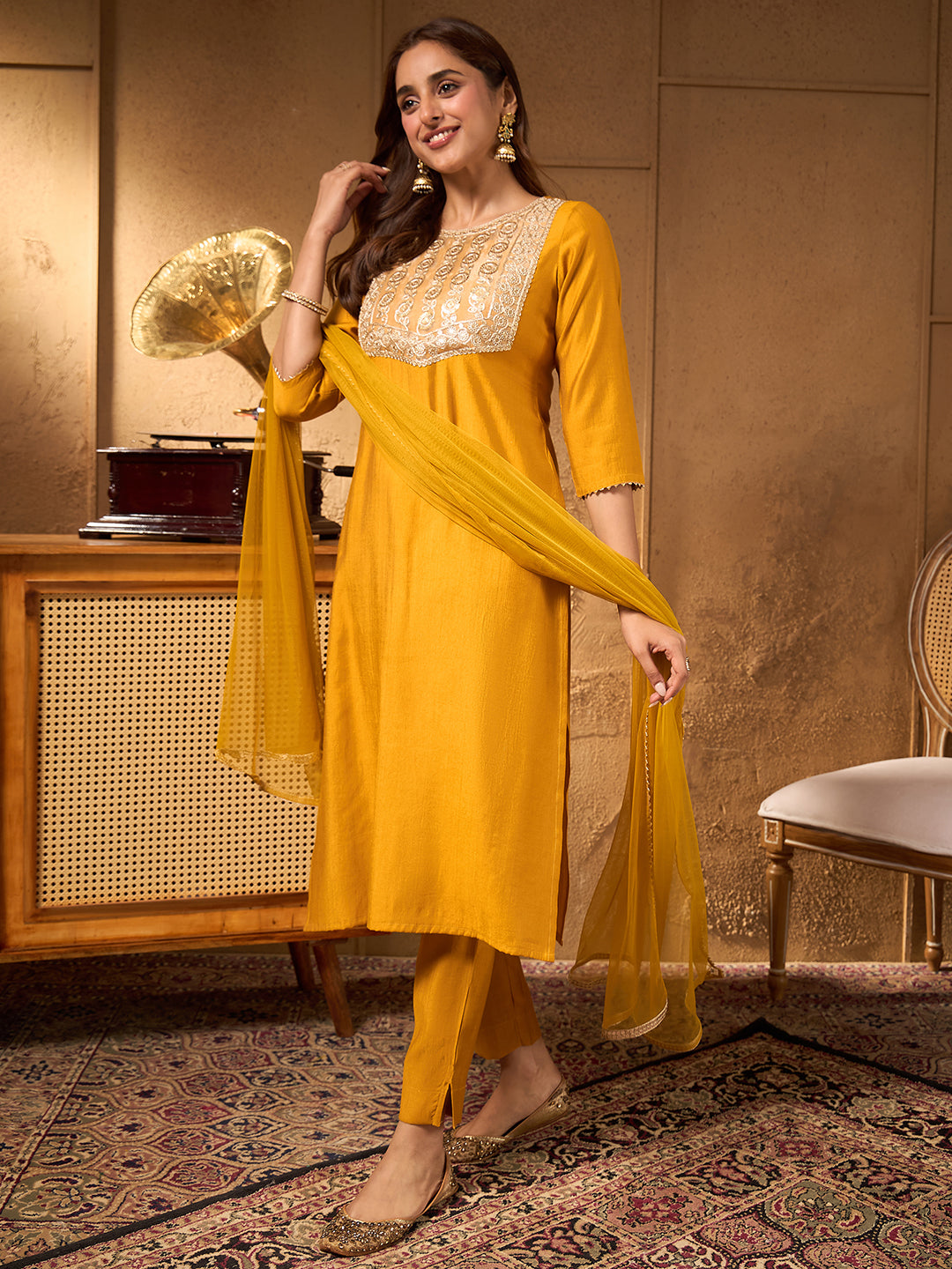 Janasya Women's Mustard Silk Blend Embellished Straight Kurta Set