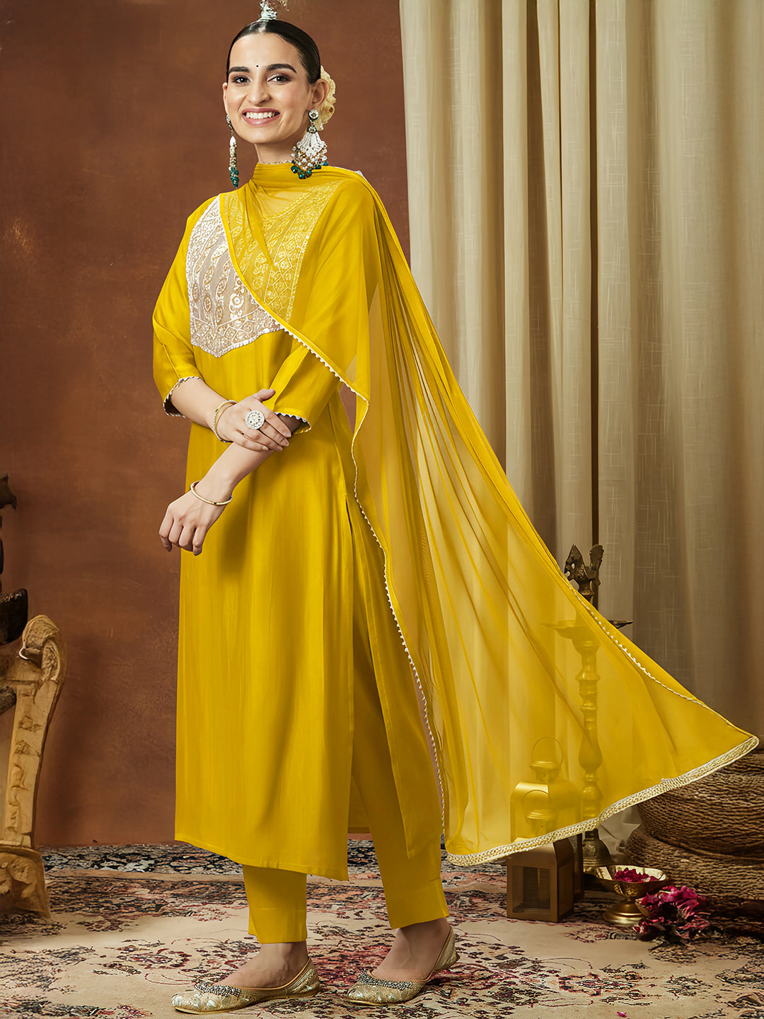 Janasya Women's Mustard Silk Blend Embellished Straight Kurta Set