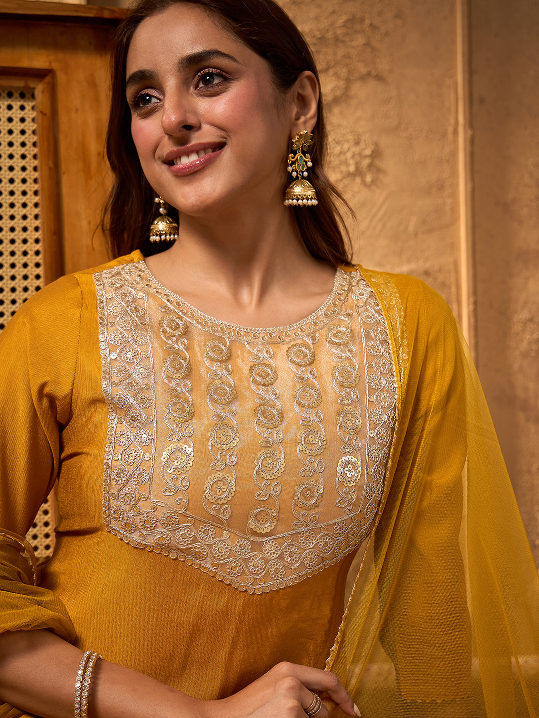 Janasya Women's Mustard Silk Blend Embellished Straight Kurta Set