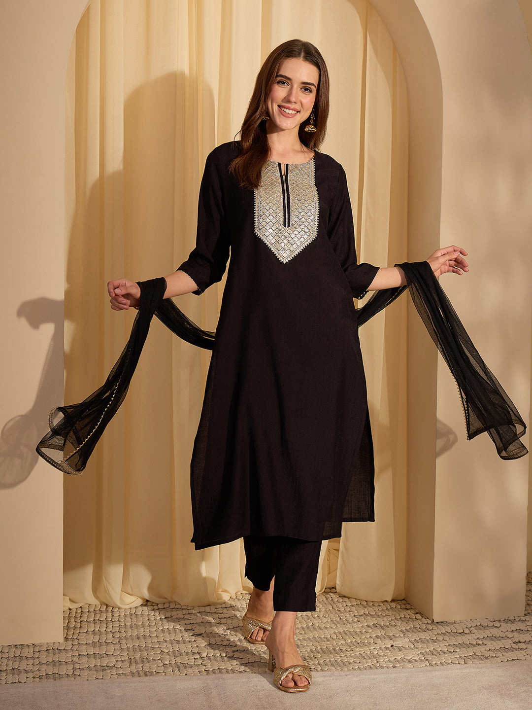 Janasya Women's Black Silk Blend Embellished Yoke Design Straight Kurta Set