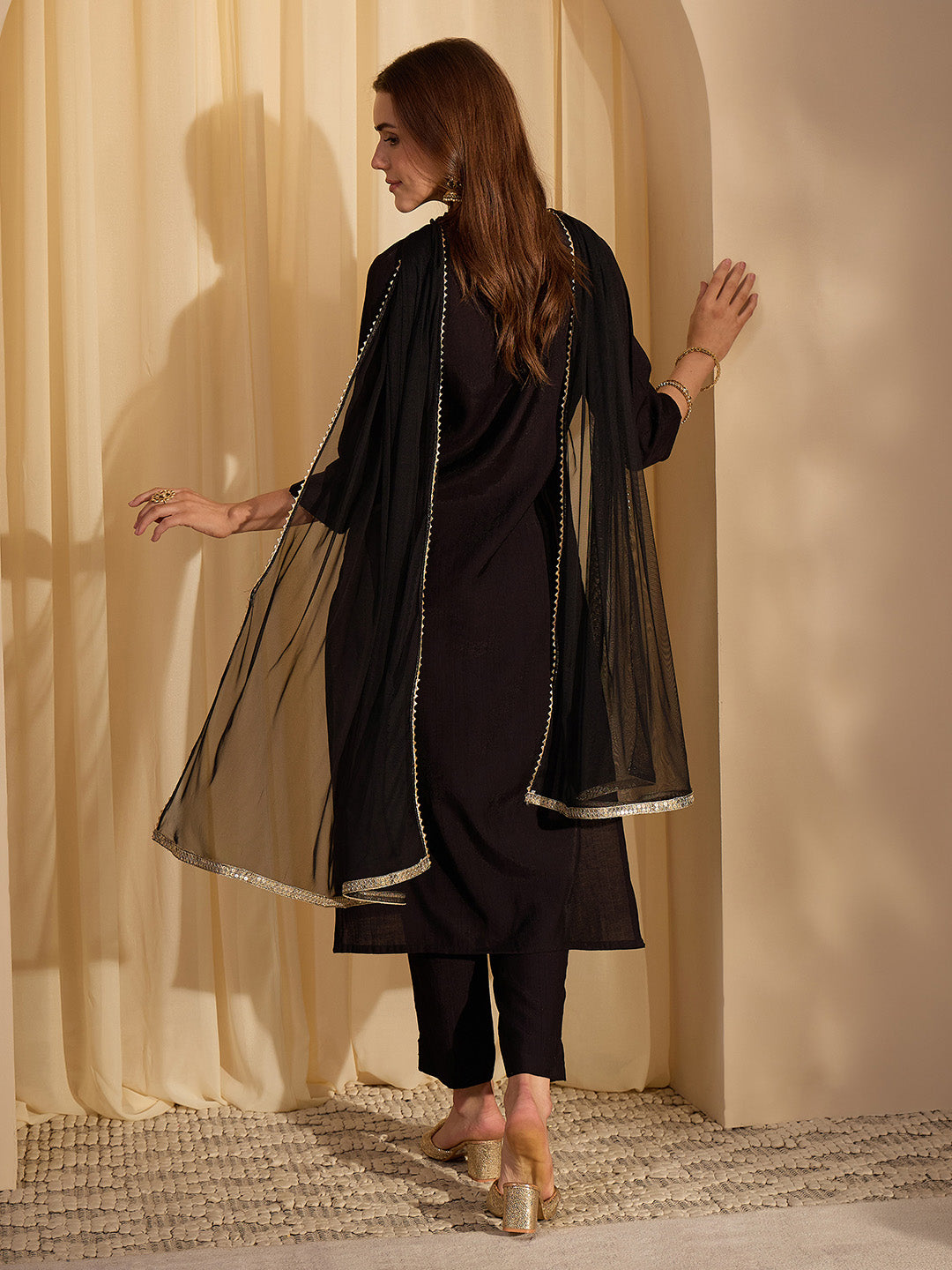 Janasya Women's Black Silk Blend Embellished Yoke Design Straight Kurta Set