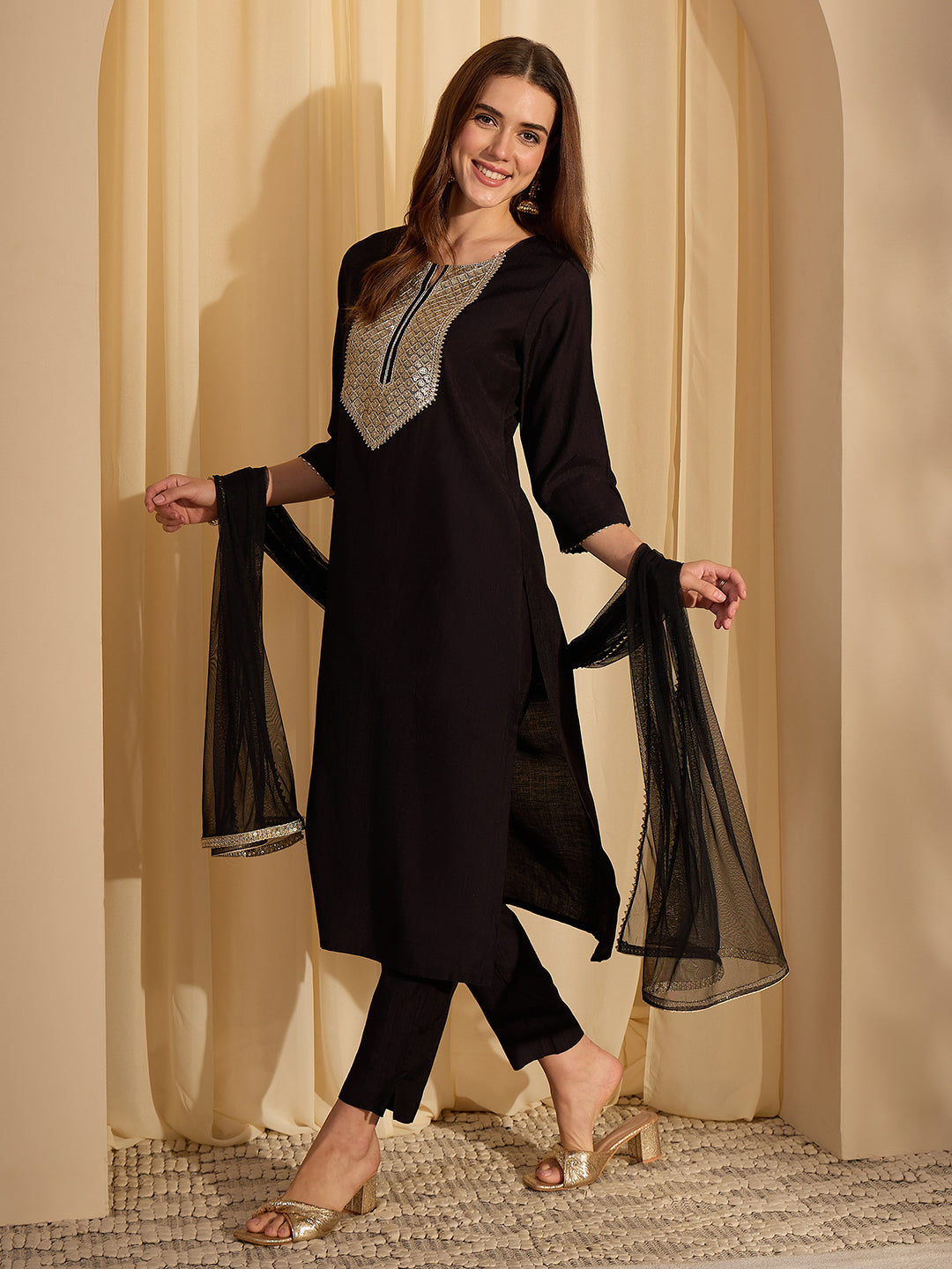 Janasya Women's Black Silk Blend Embellished Yoke Design Straight Kurta Set