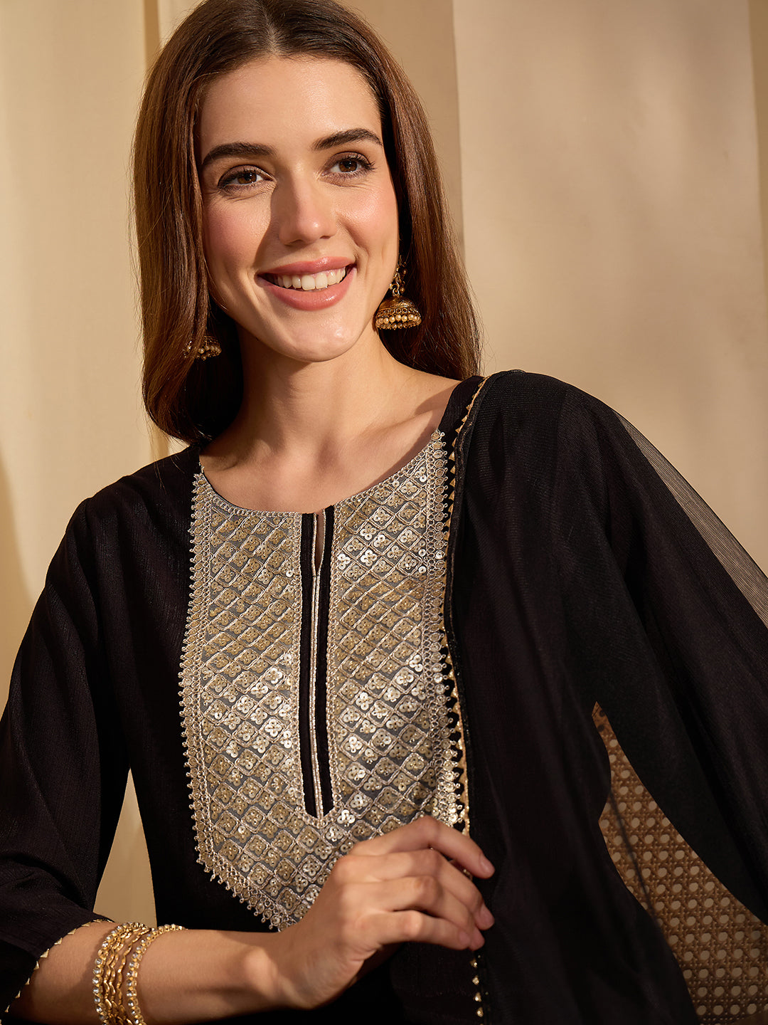 Janasya Women's Black Silk Blend Embellished Yoke Design Straight Kurta Set