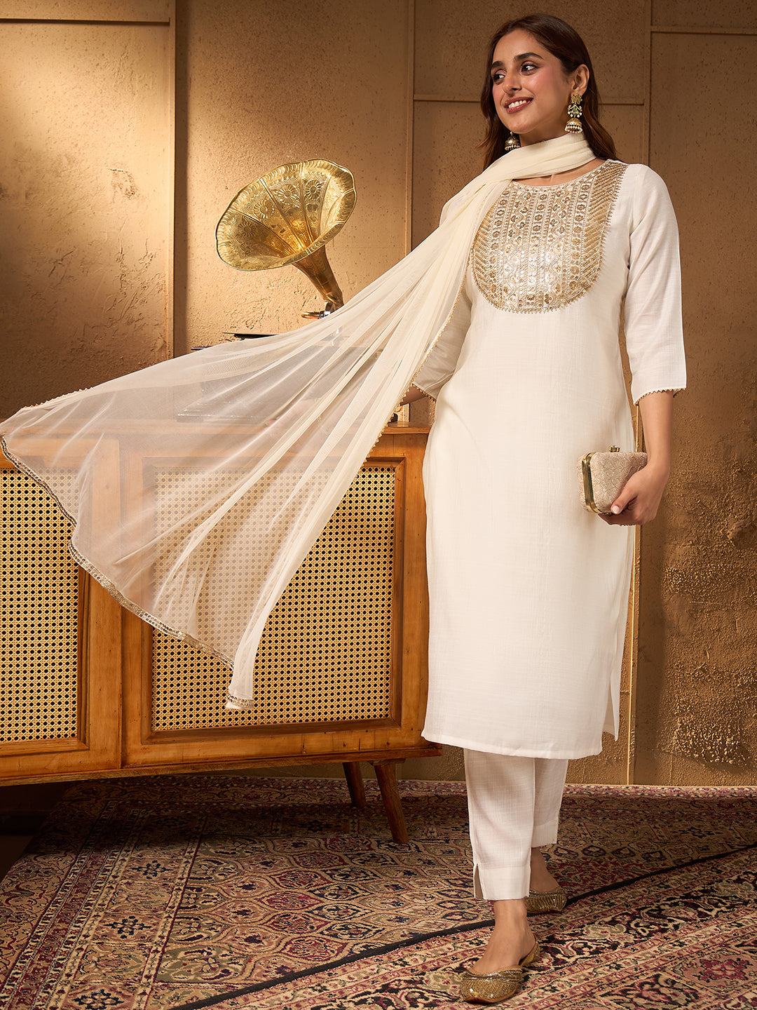 Janasya Women's Off White Silk Blend Zari Yoke Embroidered Straight Kurta Set