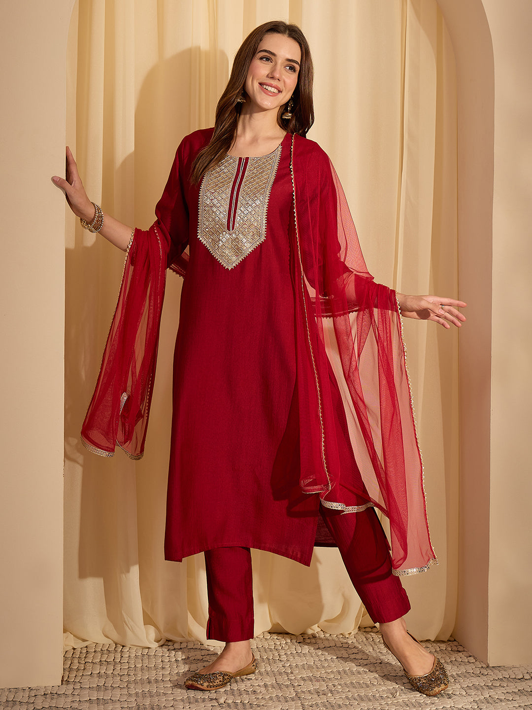 Janasya Women's Maroon Silk Blend Yoke Embellished Straight Kurta Set