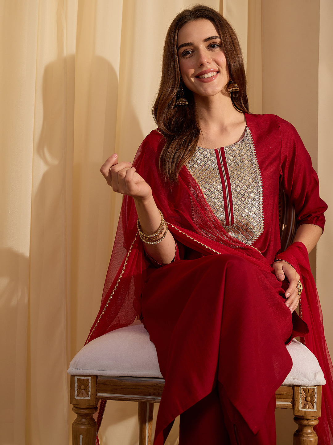Janasya Women's Maroon Silk Blend Yoke Embellished Straight Kurta Set