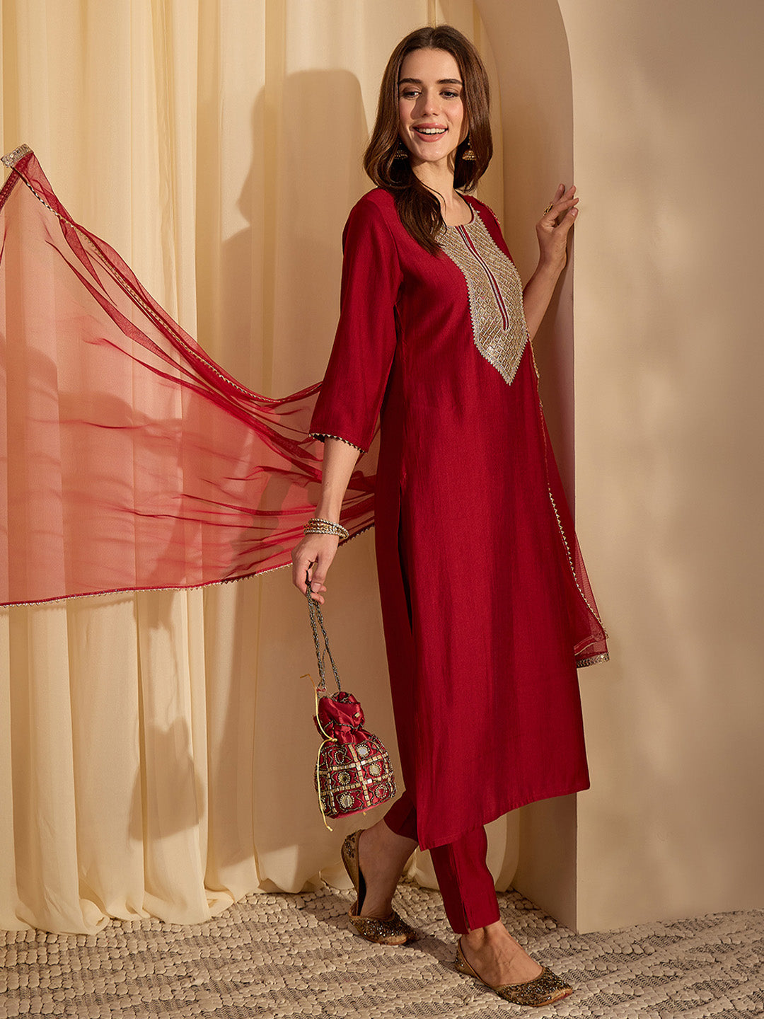 Janasya Women's Maroon Silk Blend Yoke Embellished Straight Kurta Set