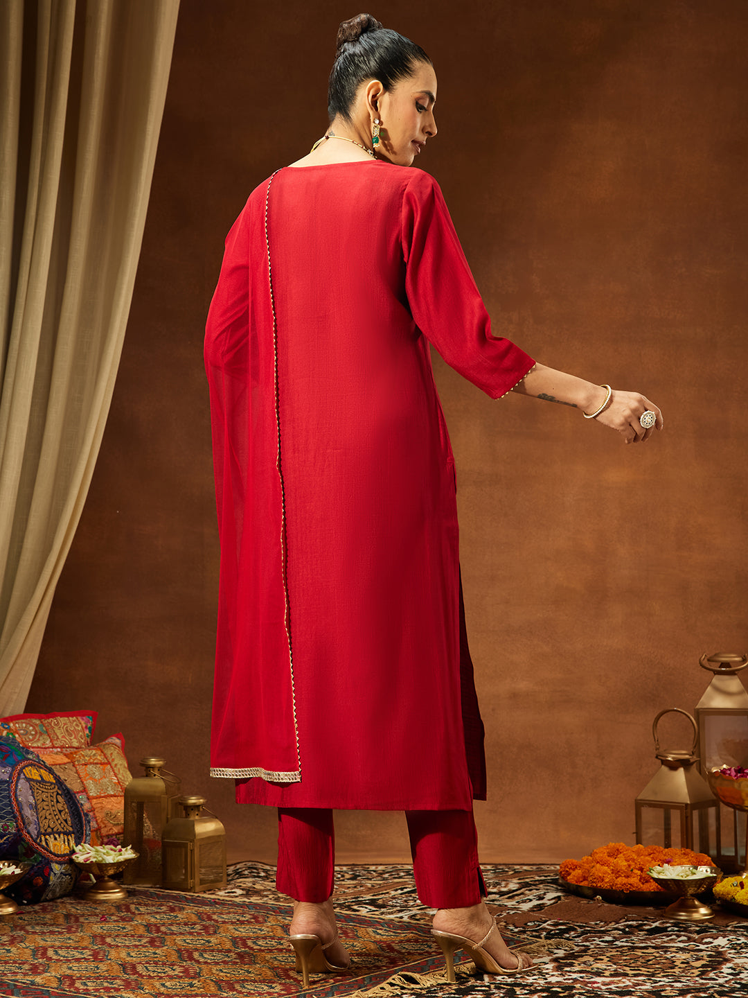 Janasya Women's Maroon Silk Blend Embellished Straight Kurta Set