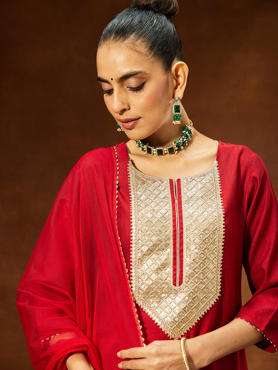 Janasya Women's Maroon Silk Blend Embellished Straight Kurta Set