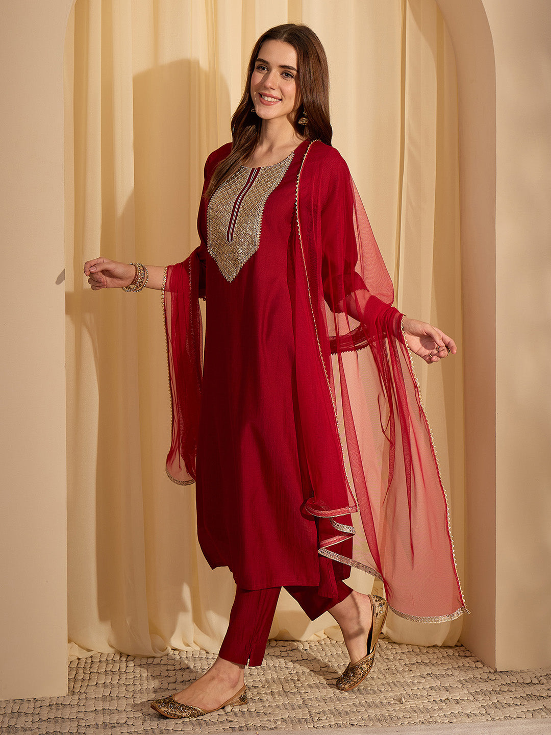 Janasya Women's Maroon Silk Blend Yoke Embellished Straight Kurta Set