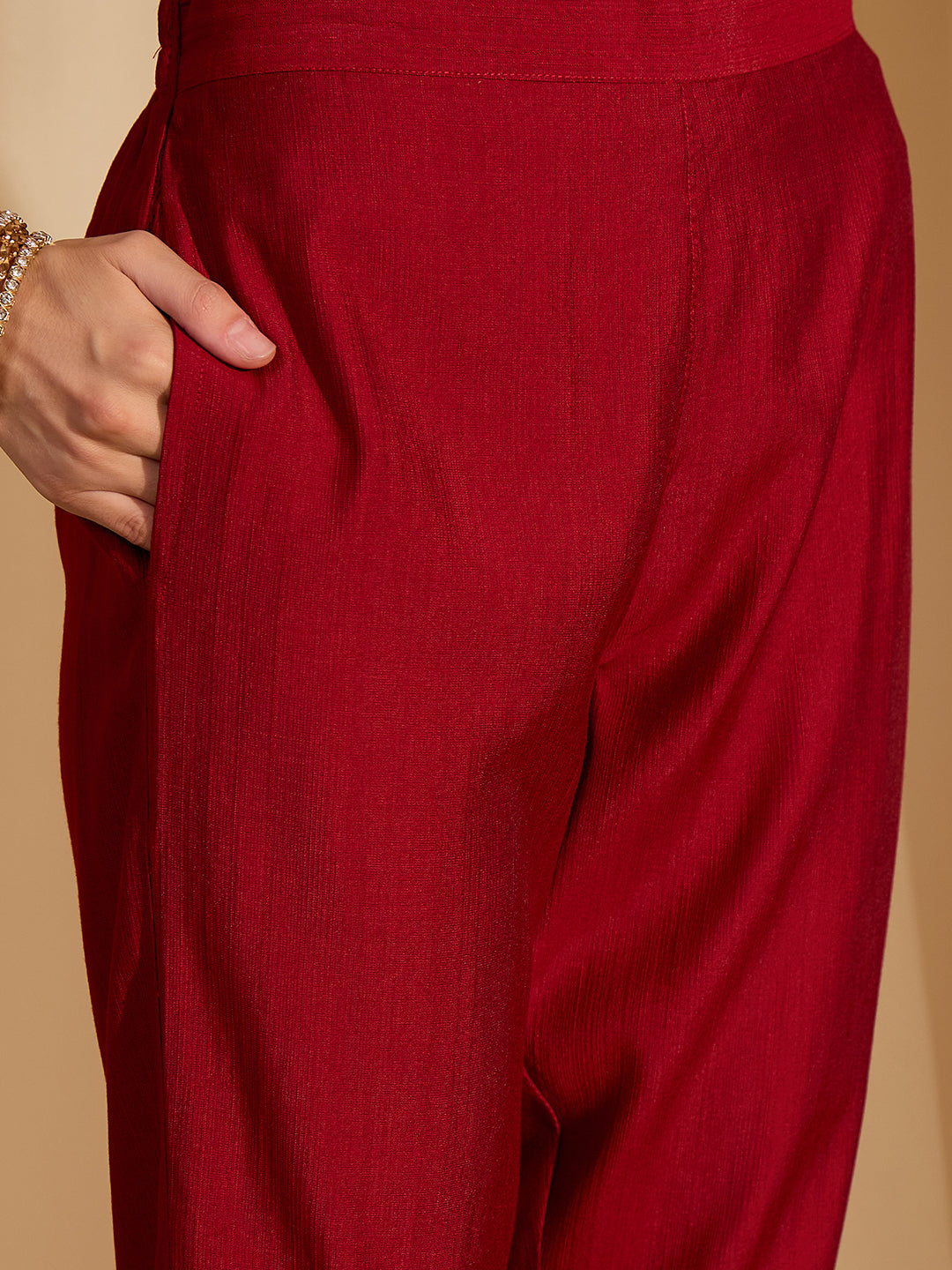Janasya Women's Maroon Silk Blend Yoke Embellished Straight Kurta Set