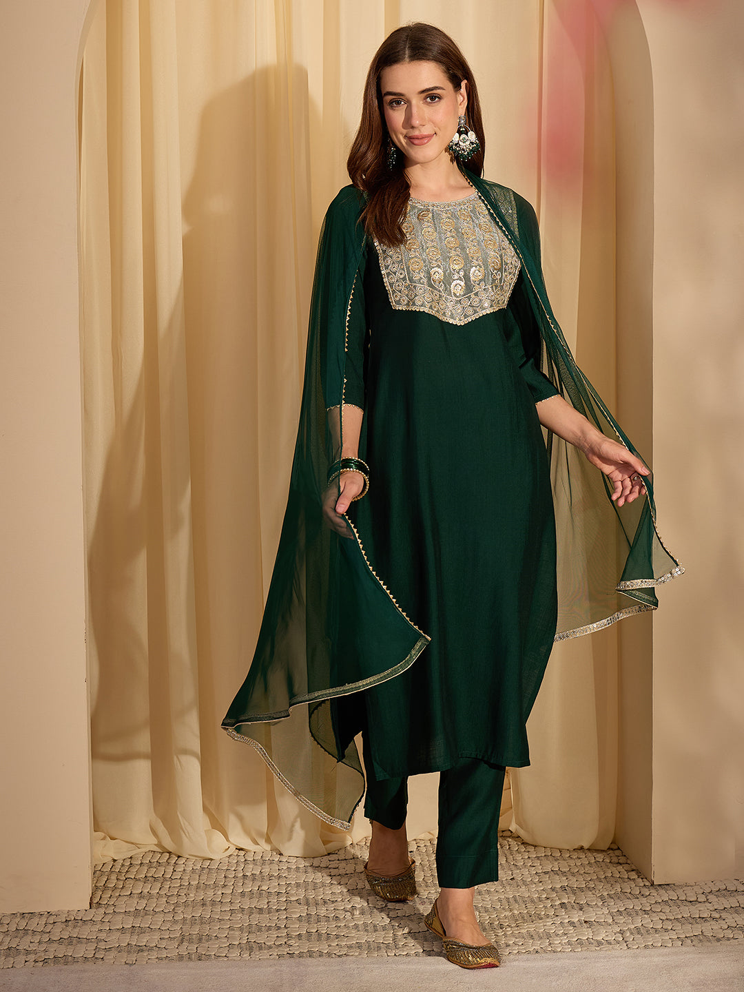 Janasya Women's Bottle Green Silk Blend Embellished Yoke Design Straight Kurta Set