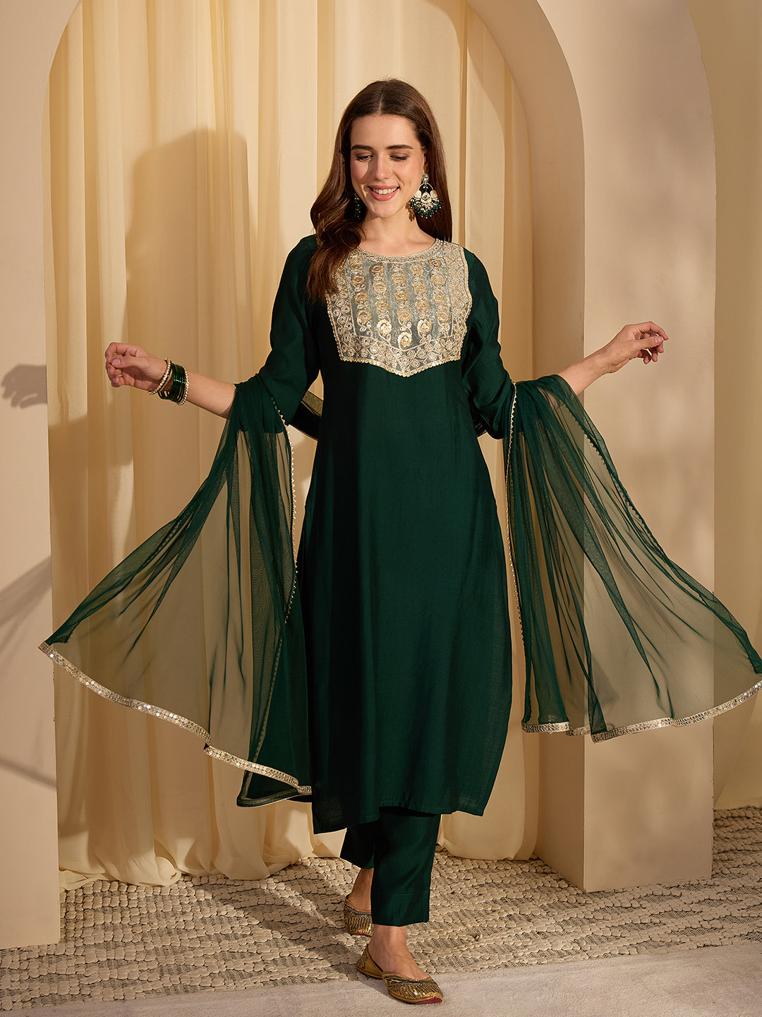 Janasya Women's Bottle Green Silk Blend Embellished Yoke Design Straight Kurta Set