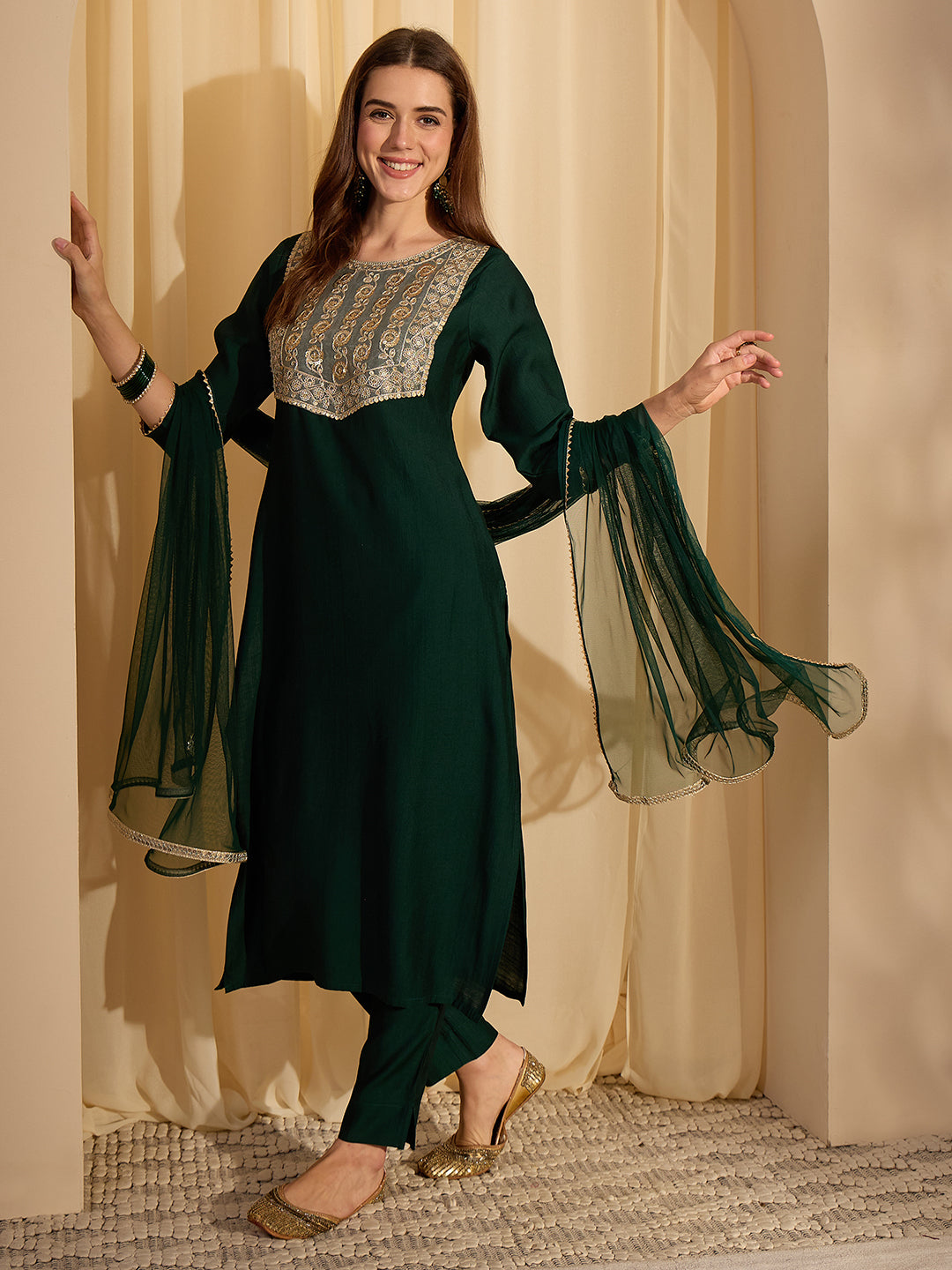 Janasya Women's Bottle Green Silk Blend Embellished Yoke Design Straight Kurta Set